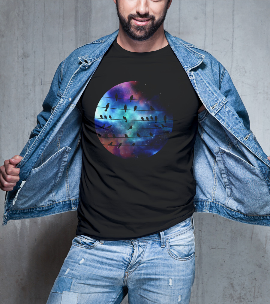 Birds On A Wire Cosmic Galaxy Silhouette In Space T-Shirt