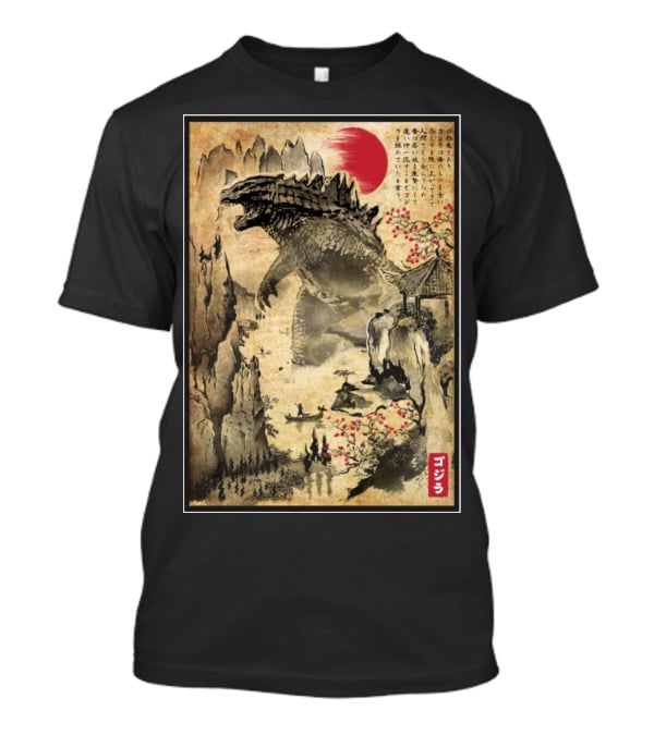 Gojira Japanese Woodblock Ukiyo-e Style With Red Sun And Cherry Blossoms T-Shirt