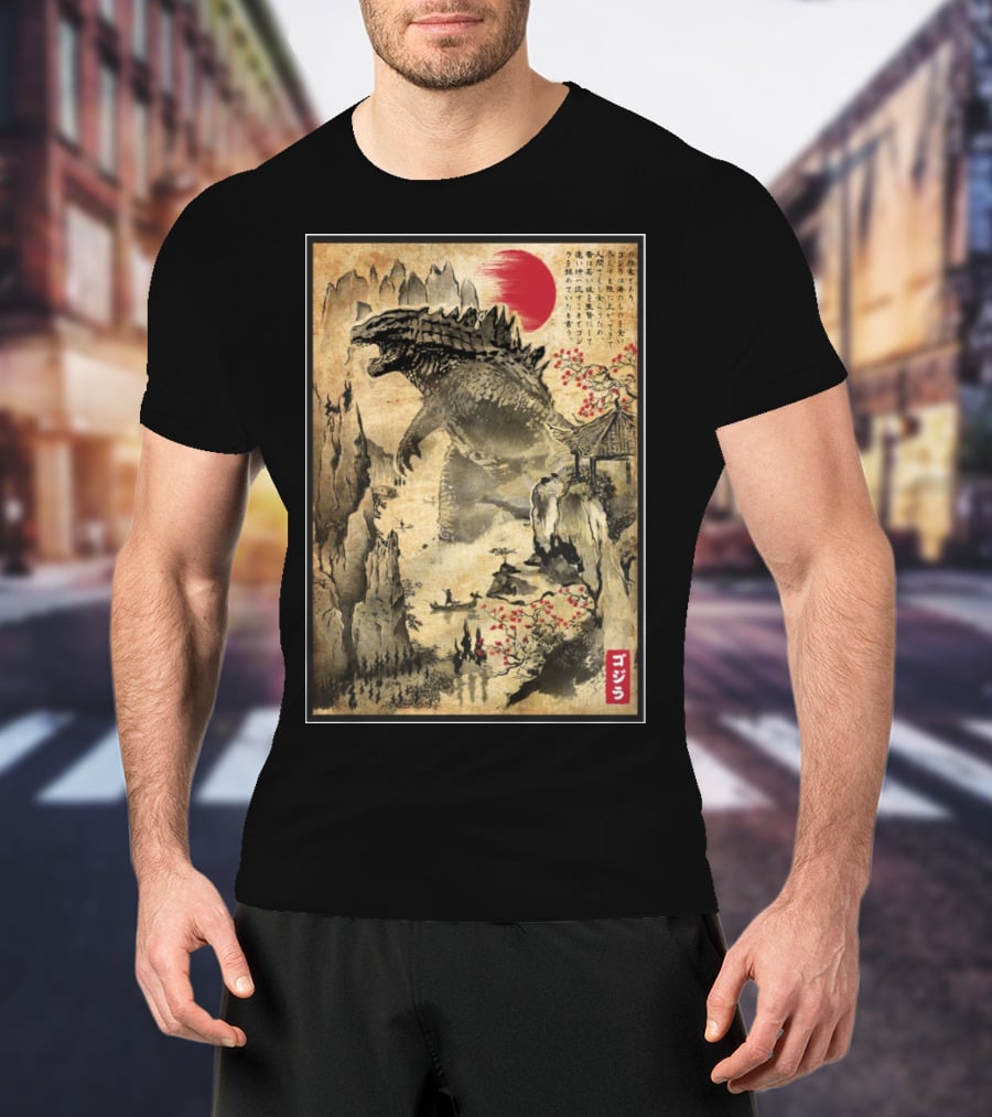 Gojira Japanese Woodblock Ukiyo-e Style With Red Sun And Cherry Blossoms T-Shirt