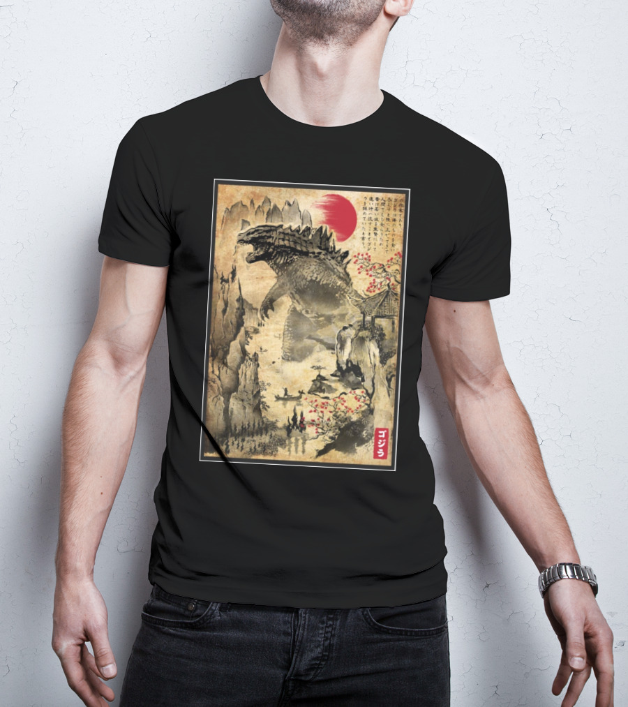 Gojira Japanese Woodblock Ukiyo-e Style With Red Sun And Cherry Blossoms T-Shirt