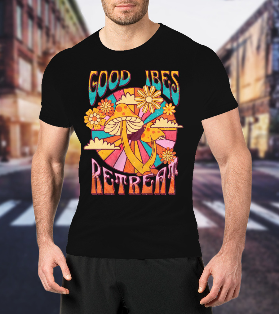 Good Vibes Retreat Mushroom Flowers Retro Psychedelic T-Shirt