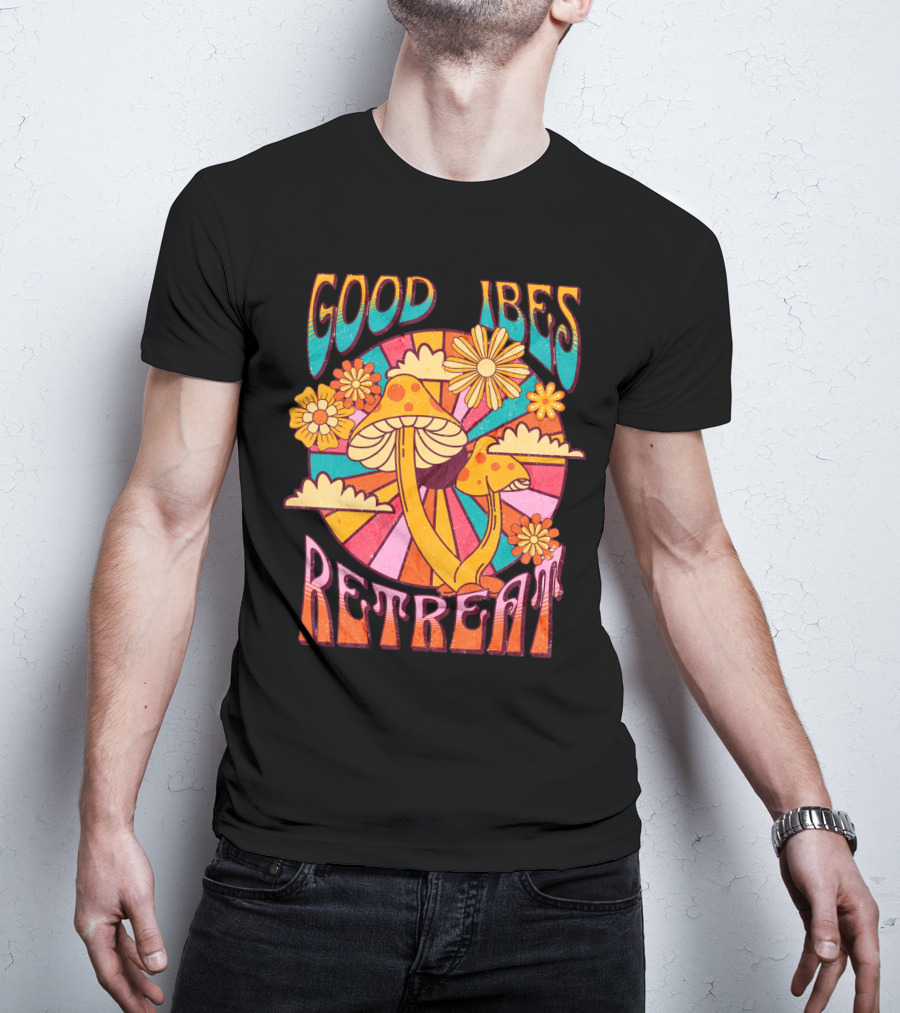 Good Vibes Retreat Mushroom Flowers Retro Psychedelic T-Shirt