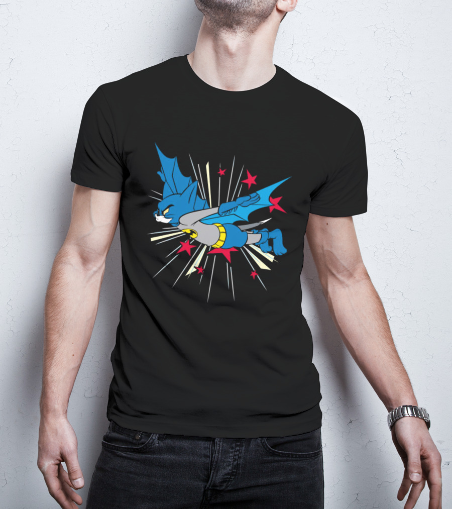 Herre Premium Bat-Cat Superhero Flying Action T-Shirt