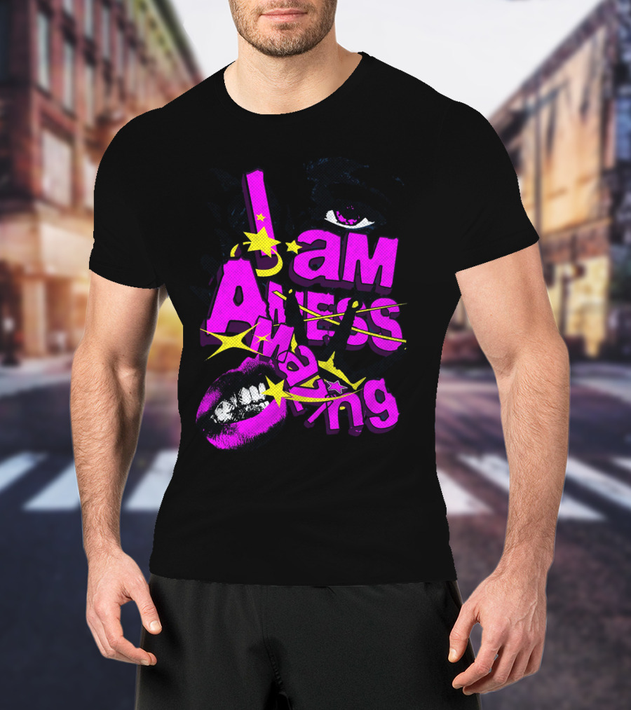 I Am Amazing Bold Eye And Lips Starburst Pink And Yellow T-Shirt