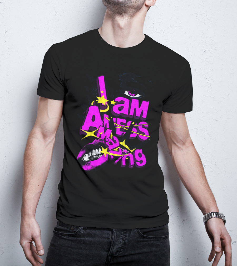 I Am Amazing Bold Eye And Lips Starburst Pink And Yellow T-Shirt