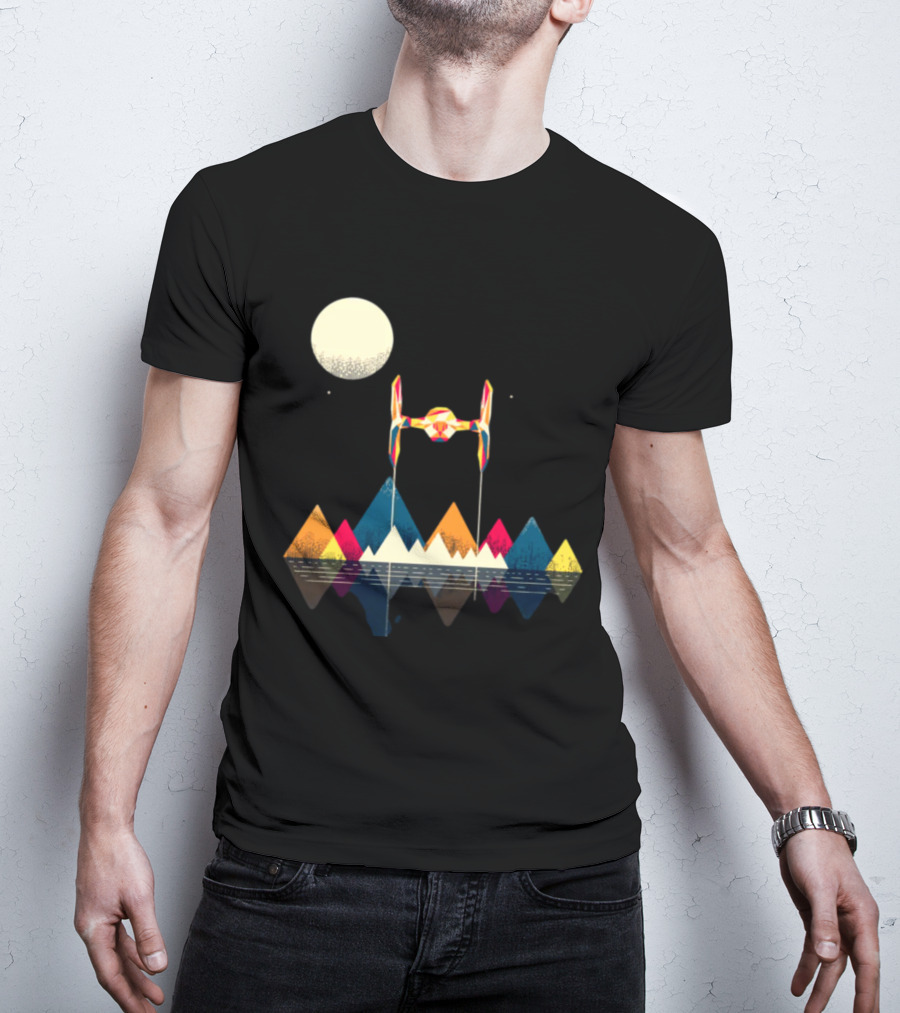 Imperial Fighter Tie Spaceship Over Geometric Mountains And Moon T-Shirt