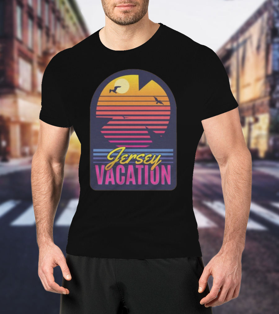 Jersey Vacation Retro Sunset Beach Scene With Birds And Stripes T-Shirt