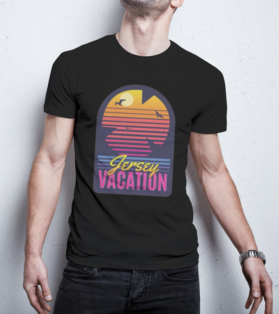 Jersey Vacation Retro Sunset Beach Scene With Birds And Stripes T-Shirt