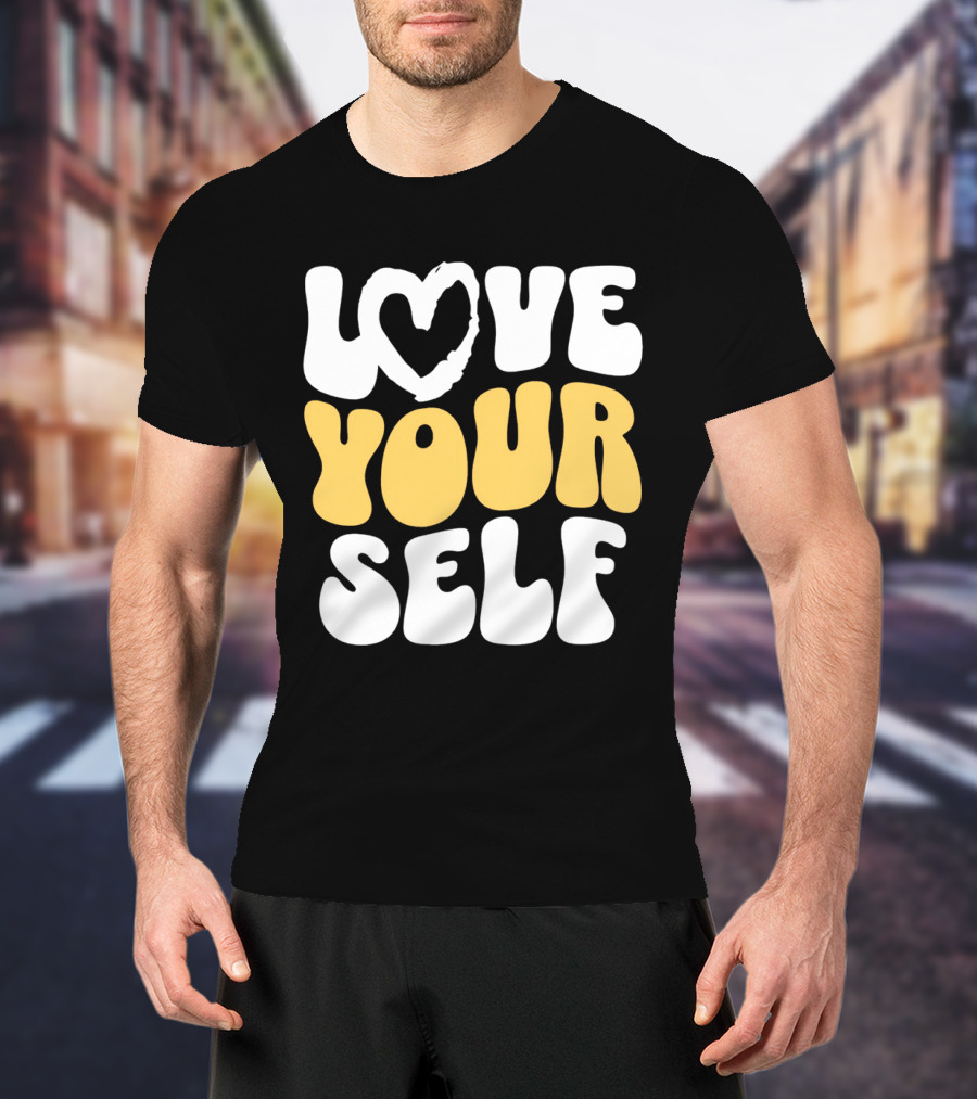 Love Your Self Heart Wavy Typography T-Shirt