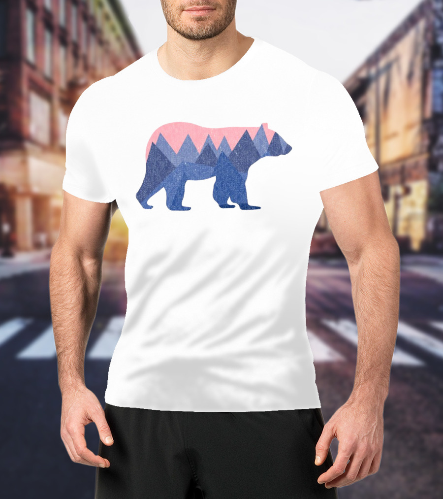 Mountain Bear Silhouette With Geometric Peaks In Blue And Pink T-Shirt