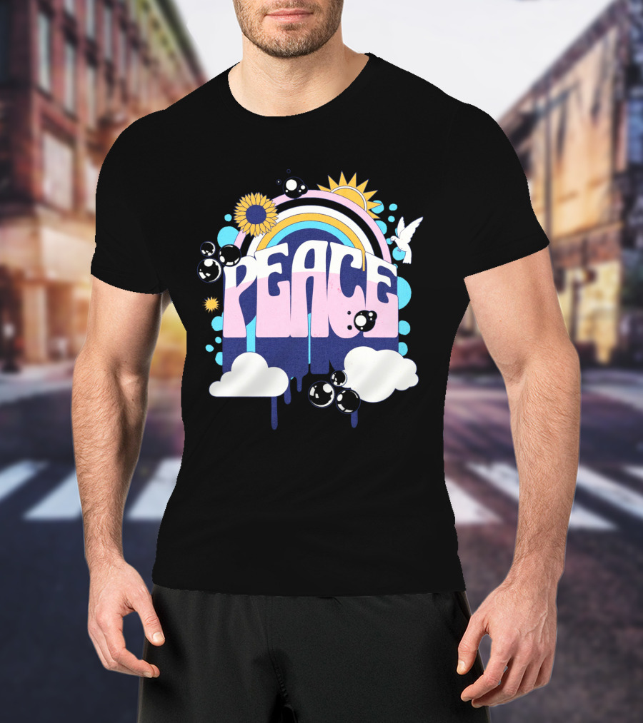 Peace Colorful Rainbow Sunflower Clouds Dove And Good Vibes T-Shirt