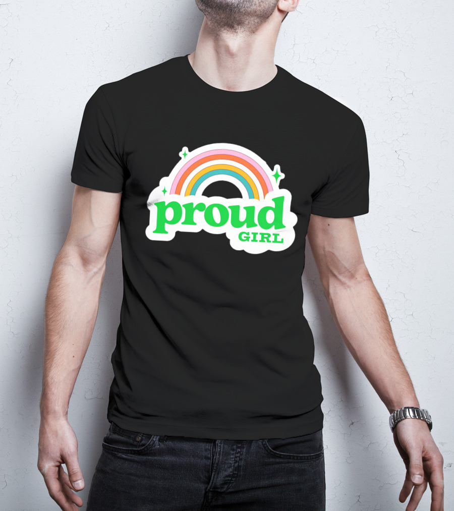 Proud Girl Green Text Rainbow With Sparkles T-Shirt