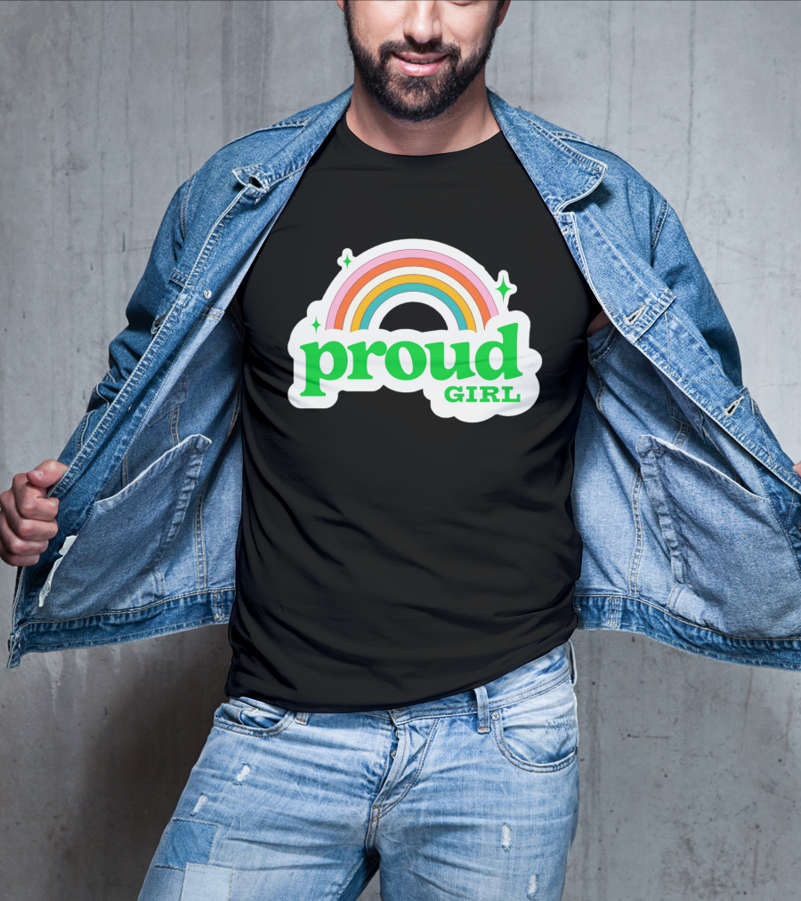 Proud Girl Green Text Rainbow With Sparkles T-Shirt