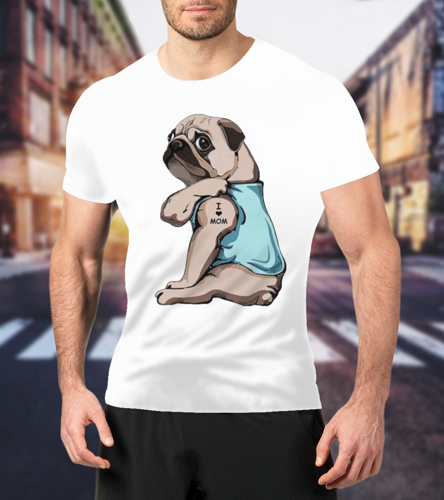 Pug I Love Mom Tattoo Blue T-Shirt