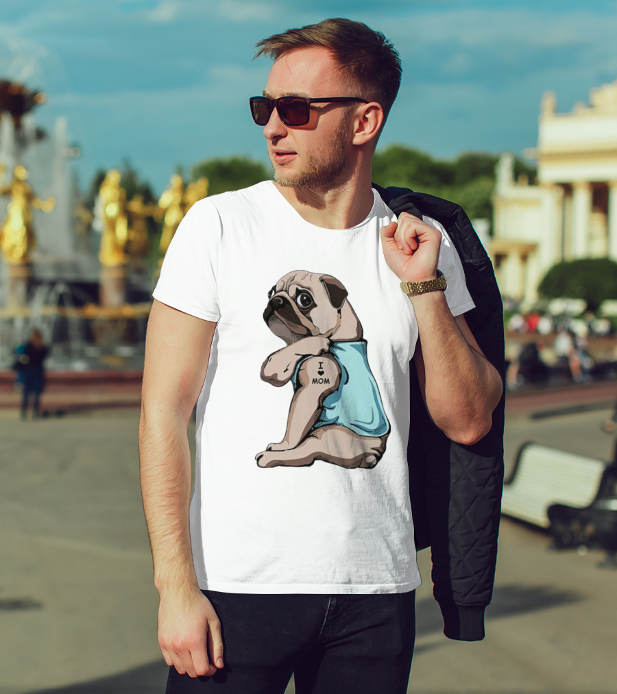 Pug I Love Mom Tattoo Blue T-Shirt