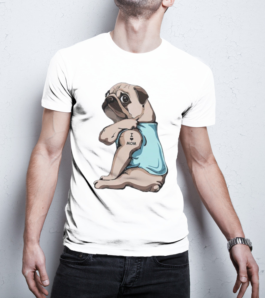 Pug I Love Mom Tattoo Blue T-Shirt