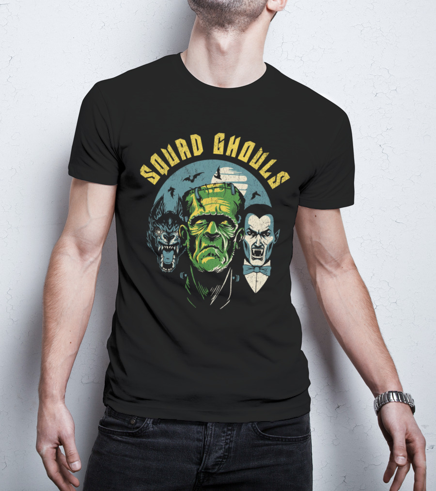 Squad Ghouls Frankenstein Dracula Werewolf Halloween Characters T-Shirt