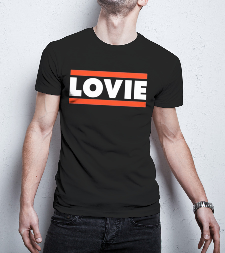 LOVIE Bold Block Letters With Red Stripes T-Shirt