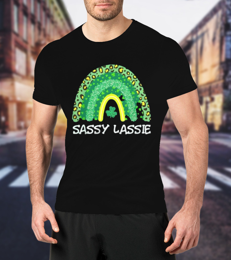 St Patricks Day Women Funny Sassy Lassie Leopard Rainbow Shamrock T-Shirt