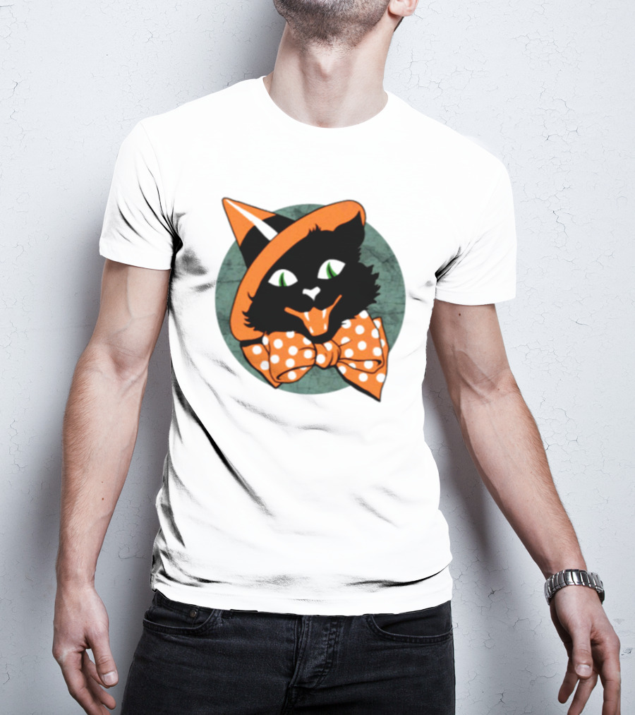 Halloween Black Cat Vintage Witch Hat Polka Dot Bow Tie T-Shirt