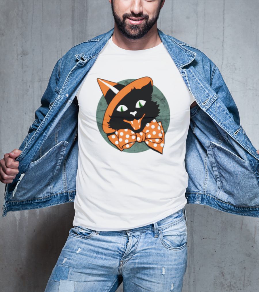 Halloween Black Cat Vintage Witch Hat Polka Dot Bow Tie T-Shirt