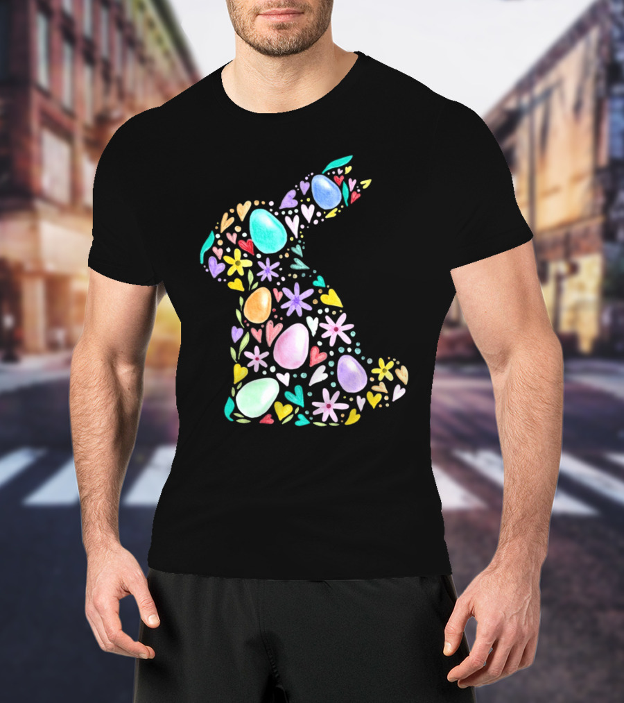 Rabbit Easter Day Colorful Eggs Hearts Flowers T-Shirt