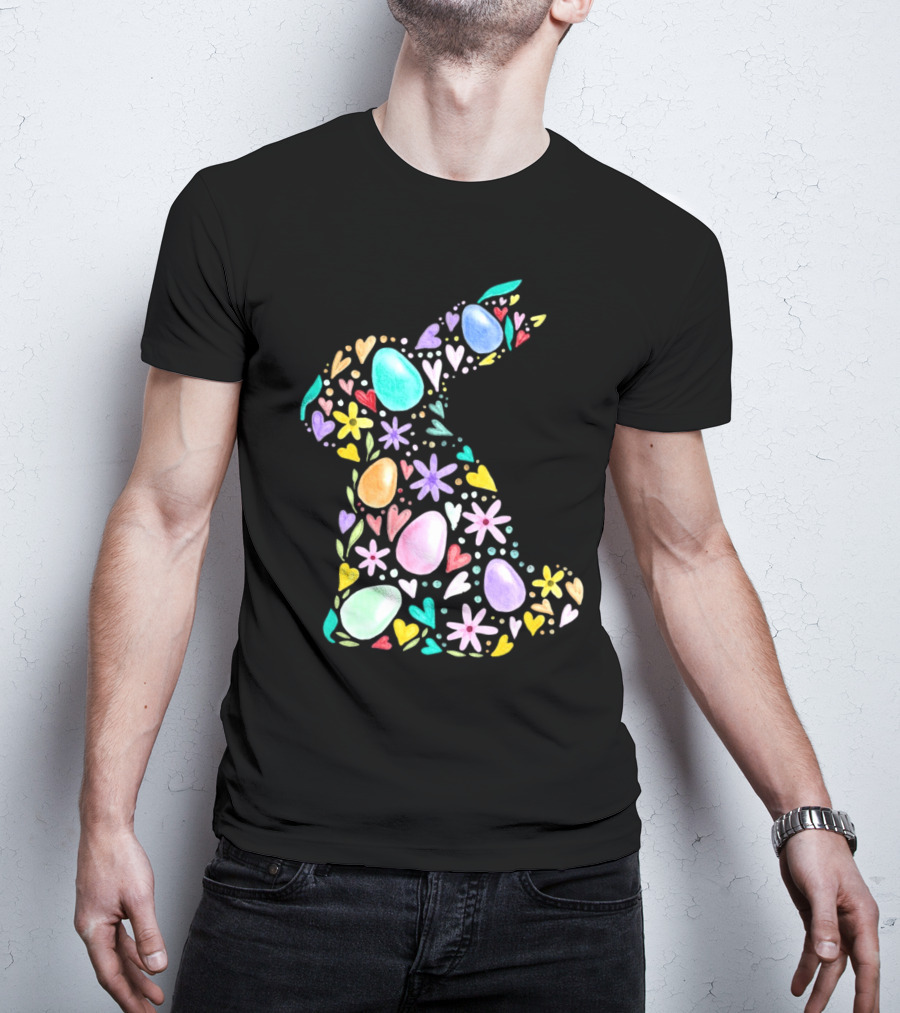 Rabbit Easter Day Colorful Eggs Hearts Flowers T-Shirt