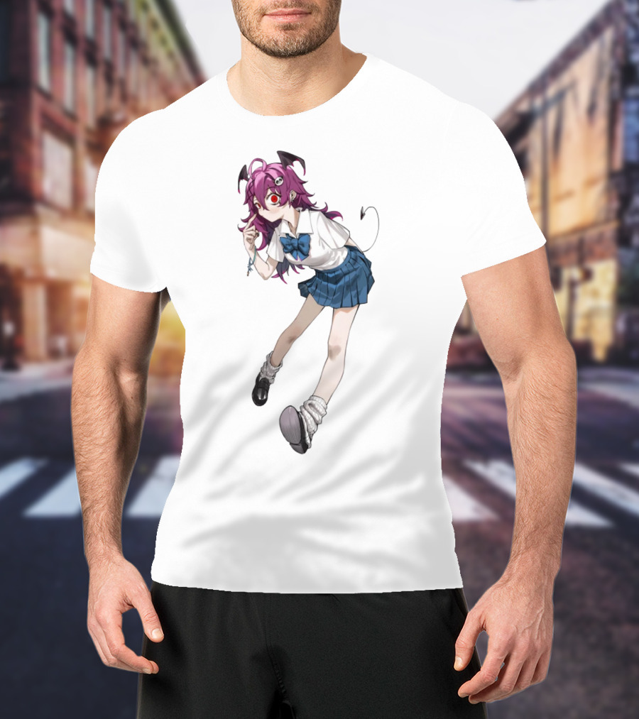 Devil Girl Anime School Uniform Purple Hair Horns Tail T-Shirt