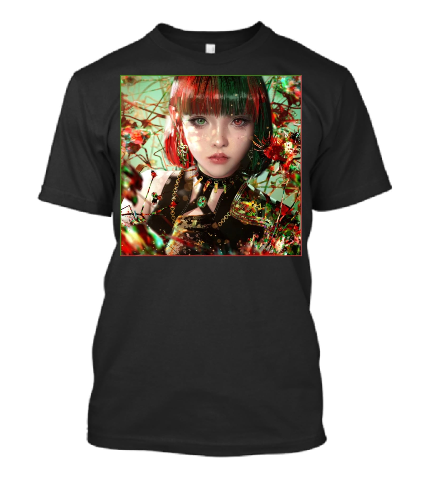 Green Red Sticker Fantasy Portrait Vibrant Blossoms Dual-Tone Hair T-Shirt
