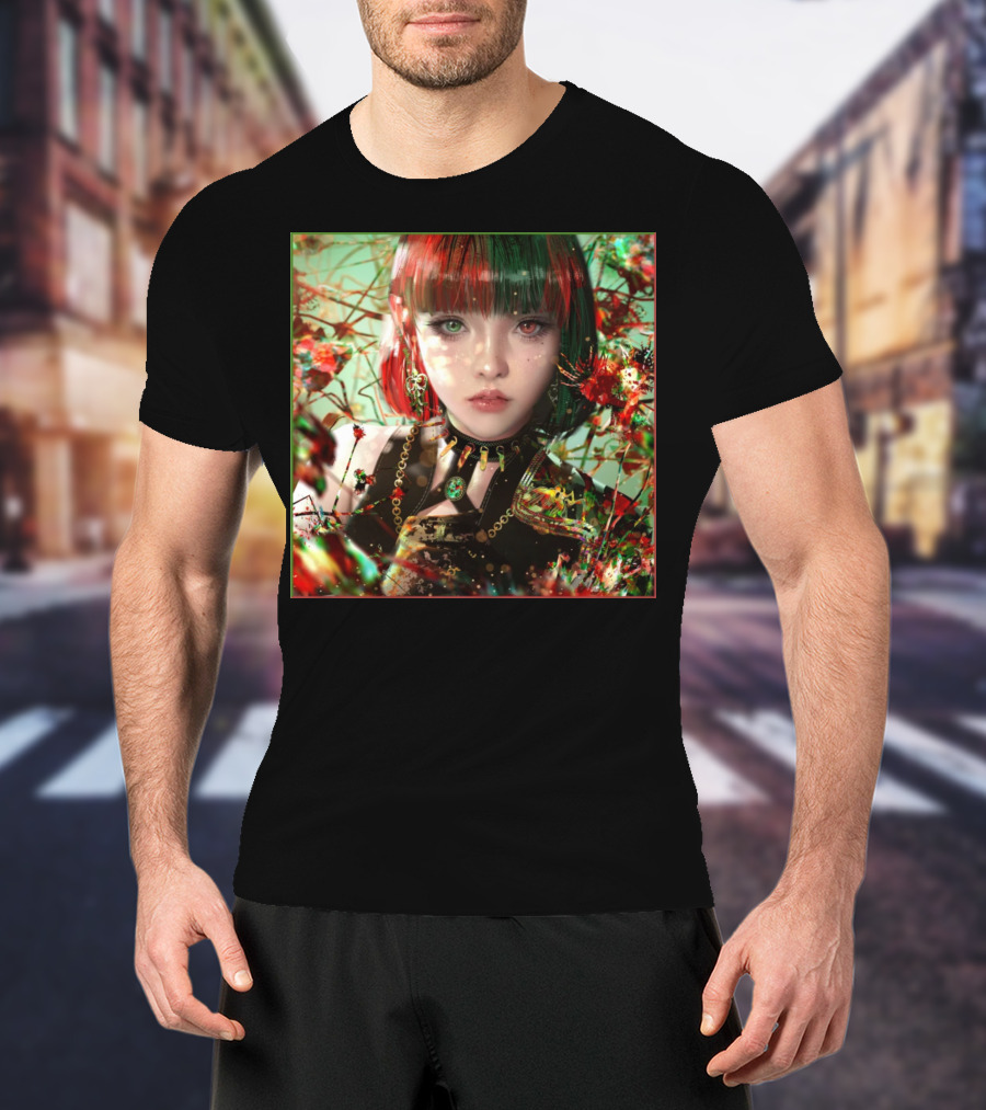 Green Red Sticker Fantasy Portrait Vibrant Blossoms Dual-Tone Hair T-Shirt