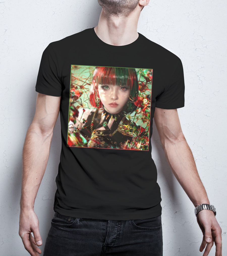 Green Red Sticker Fantasy Portrait Vibrant Blossoms Dual-Tone Hair T-Shirt