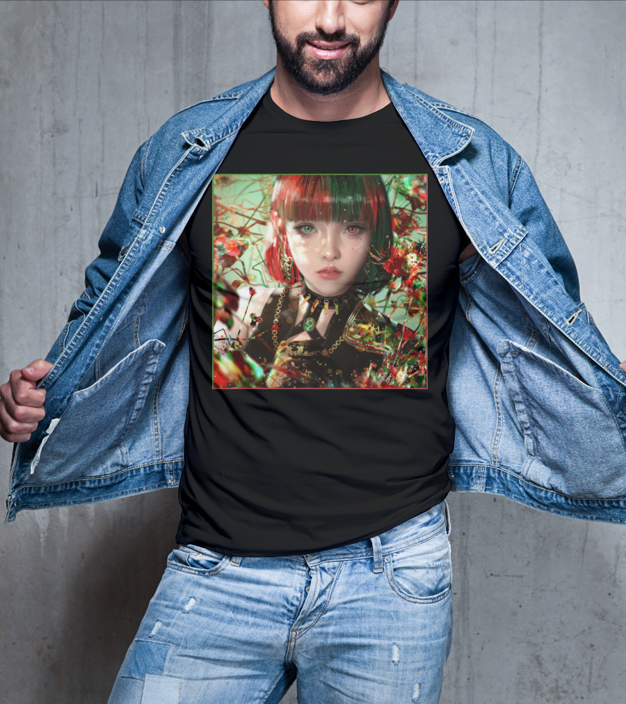 Green Red Sticker Fantasy Portrait Vibrant Blossoms Dual-Tone Hair T-Shirt