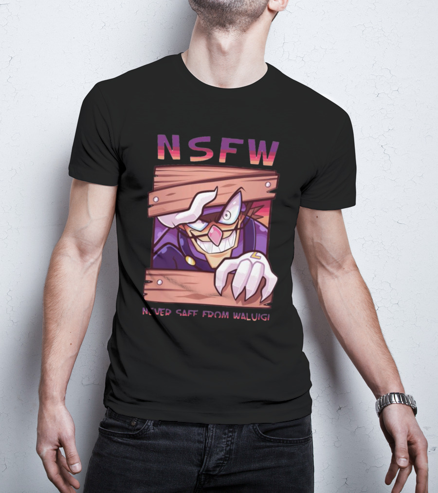 NSFW Never Safe From Waluigi Spaicy Waluigi Peeking Through Wooden Planks T-Shirt