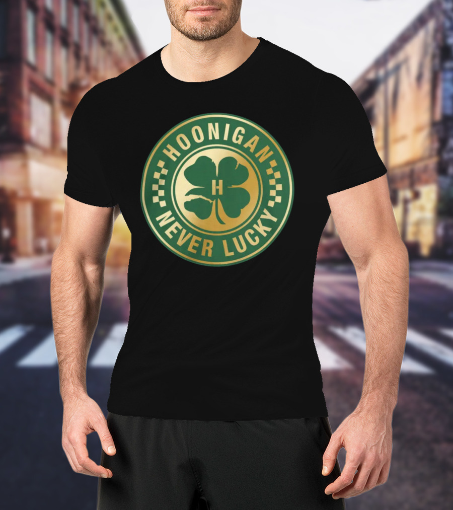 Hoonigan Never Lucky Four Leaf Clover Checkerboard Badge T-Shirt