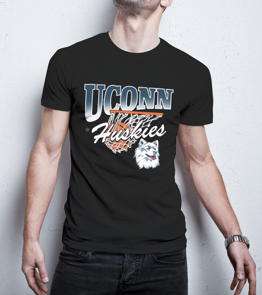 UConn Huskies Basketball Husky Mascot And Net T-Shirt