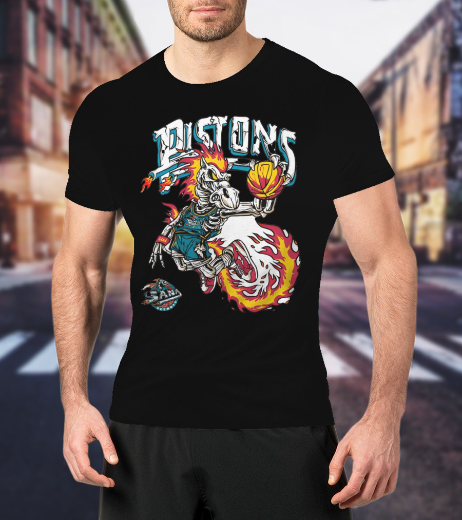 Sana Detroit Pistons Fiery Skeleton Basketball Dunk Pop-Up T-Shirt