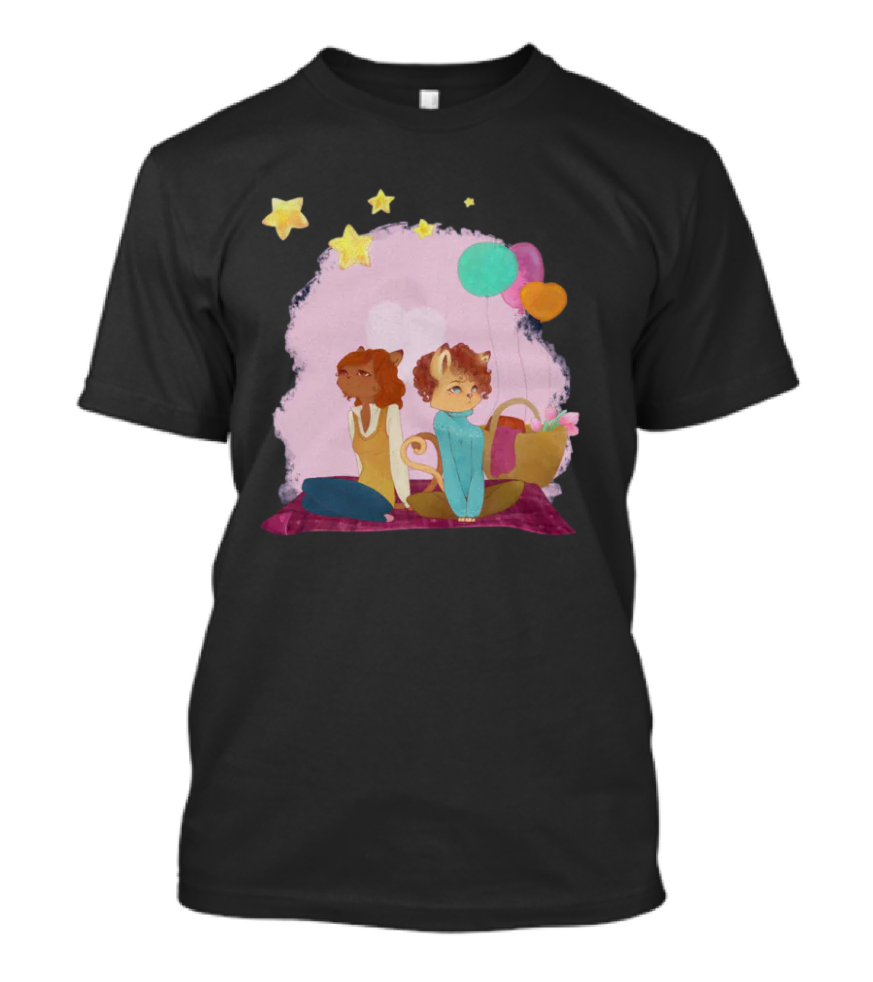 Cute Lesbian Fashion Relationship Cat Couple With Stars And Balloons T-Shirt