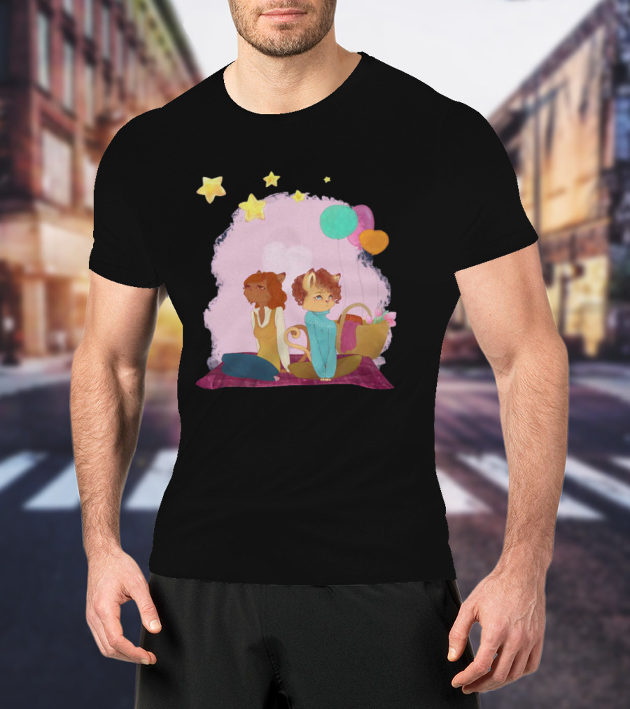 Cute Lesbian Fashion Relationship Cat Couple With Stars And Balloons T-Shirt