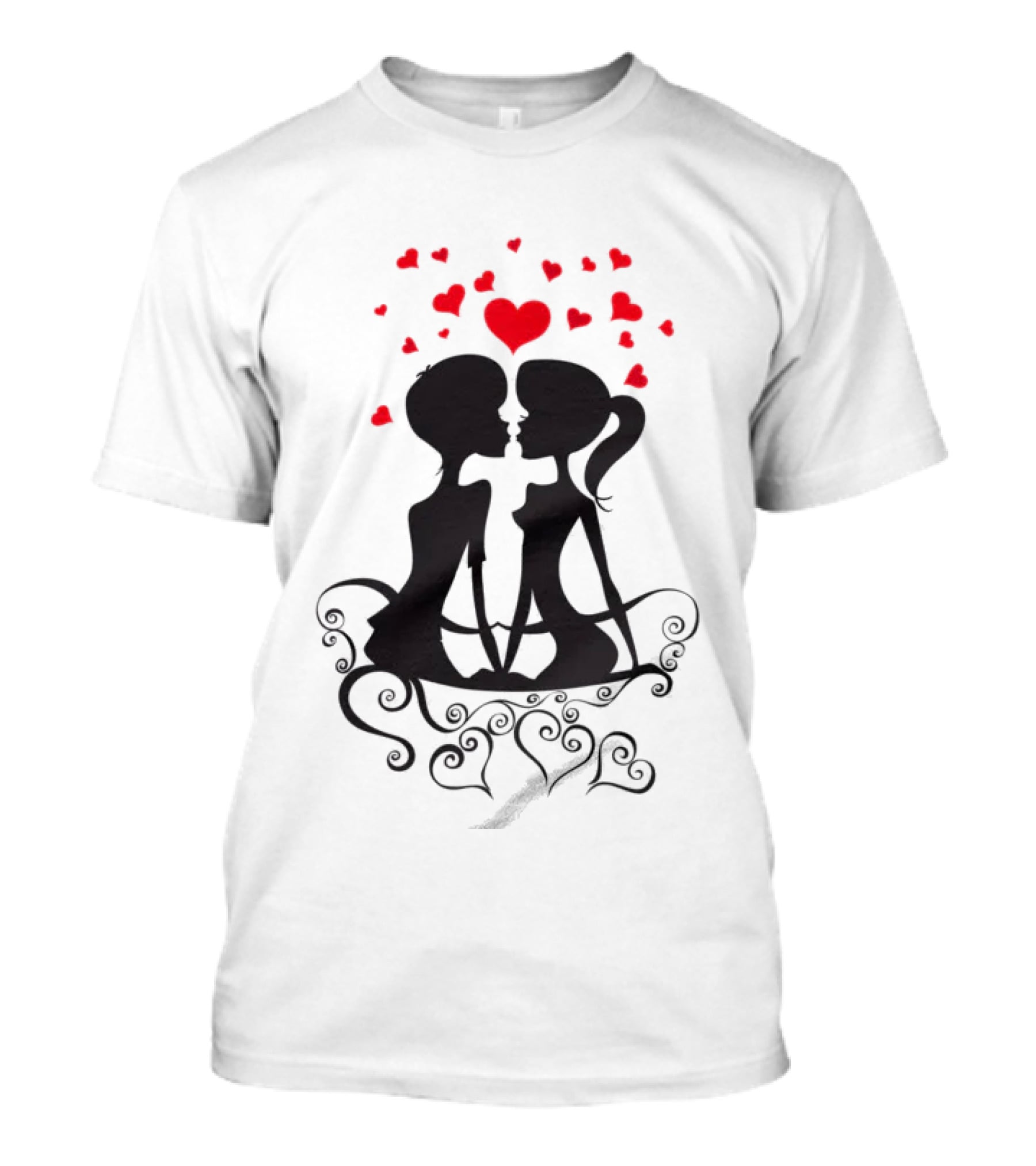 Lesbian Couple Kissing Romantic Silhouettes With Heart And Hearts T-Shirt