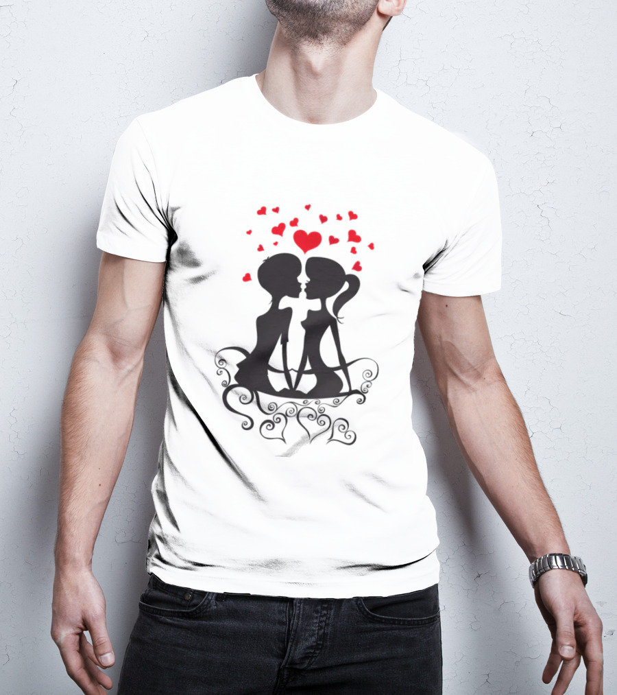 Lesbian Couple Kissing Romantic Silhouettes With Heart And Hearts T-Shirt