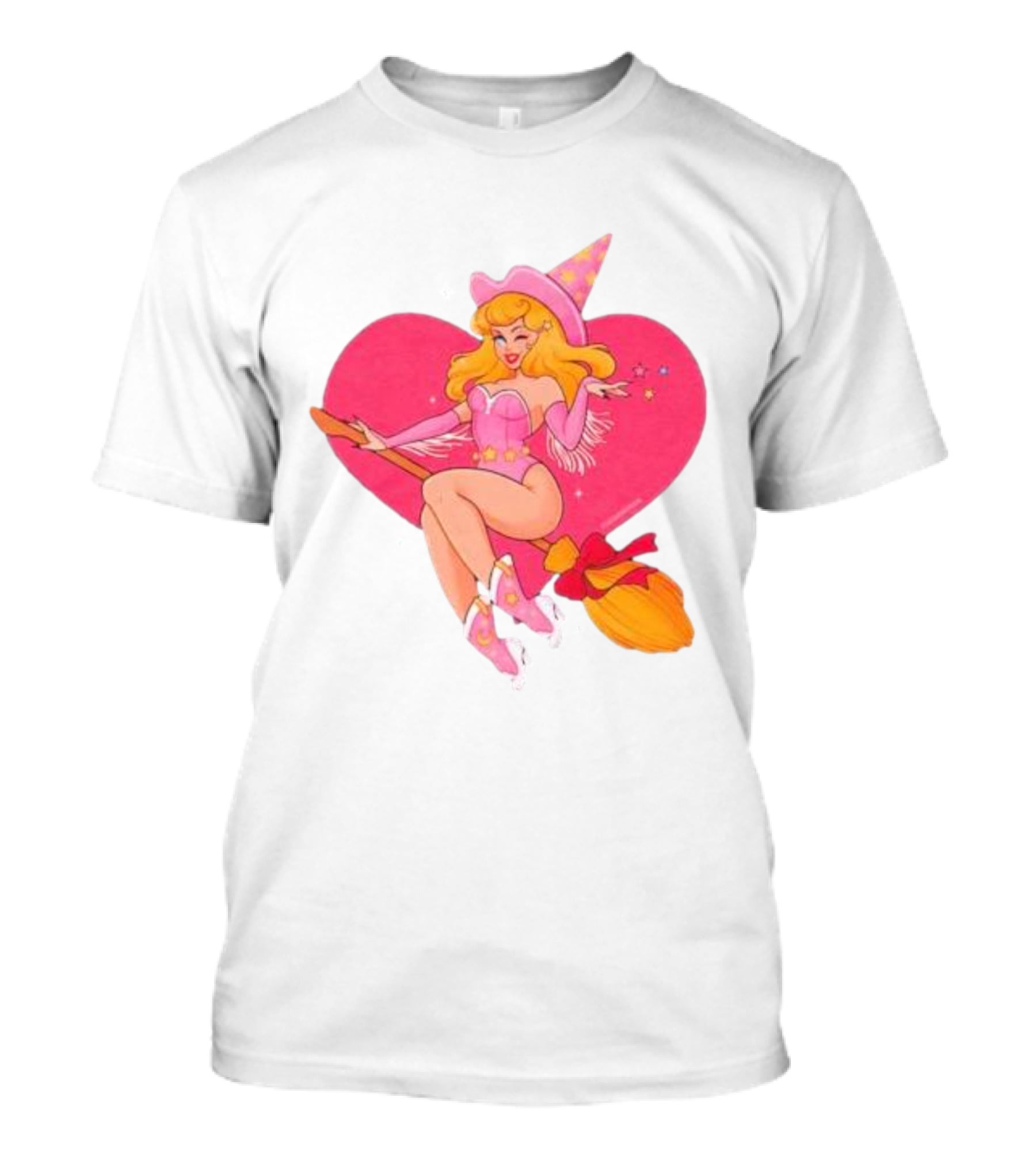 This Barbie Is A Witch Riding A Broomstick With Pink Heart Background T-Shirt