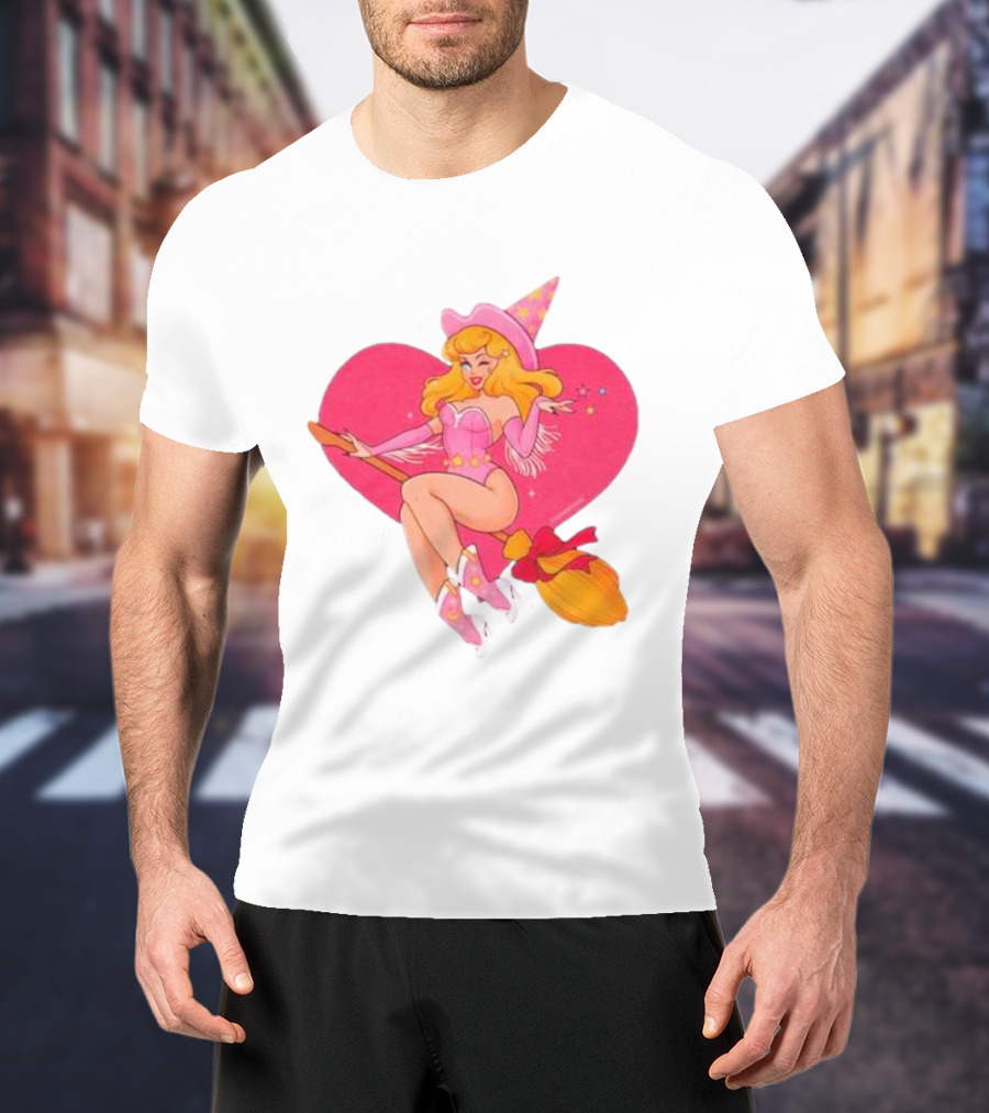 This Barbie Is A Witch Riding A Broomstick With Pink Heart Background T-Shirt