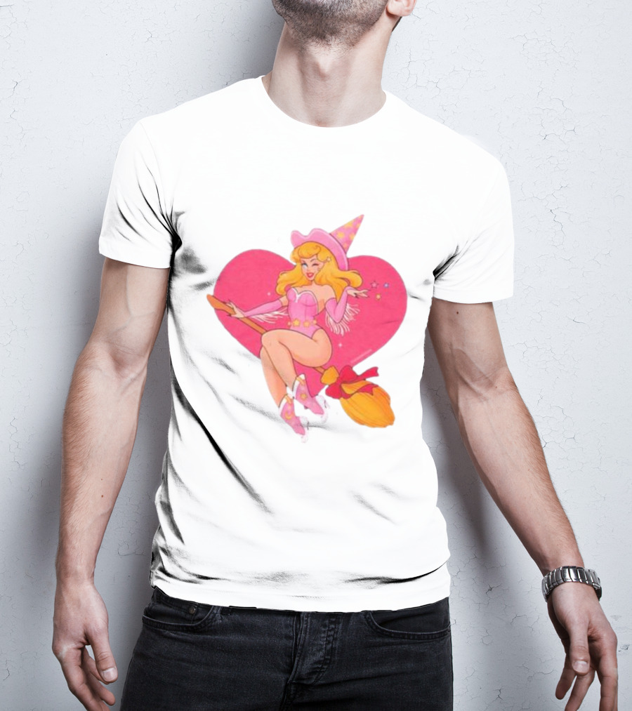 This Barbie Is A Witch Riding A Broomstick With Pink Heart Background T-Shirt