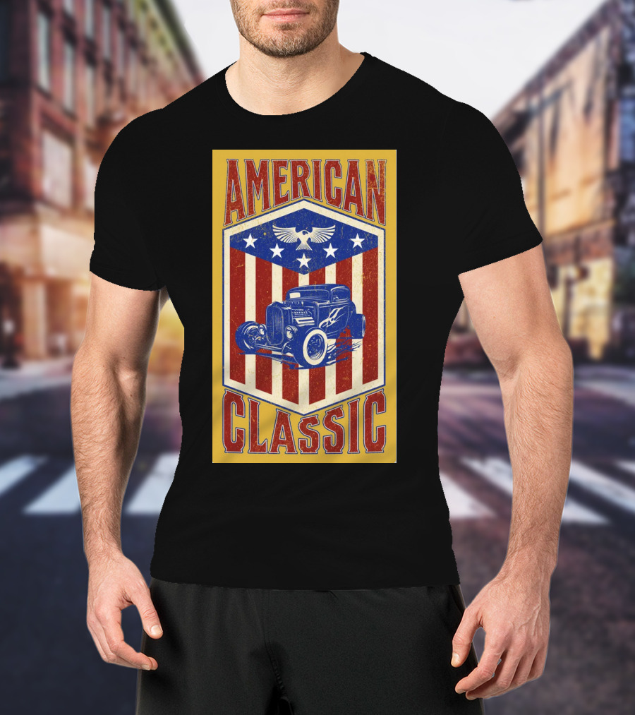AMERICAN CLASSIC Hot Rod Eagle Stripes Stars Vintage Retro T-Shirt
