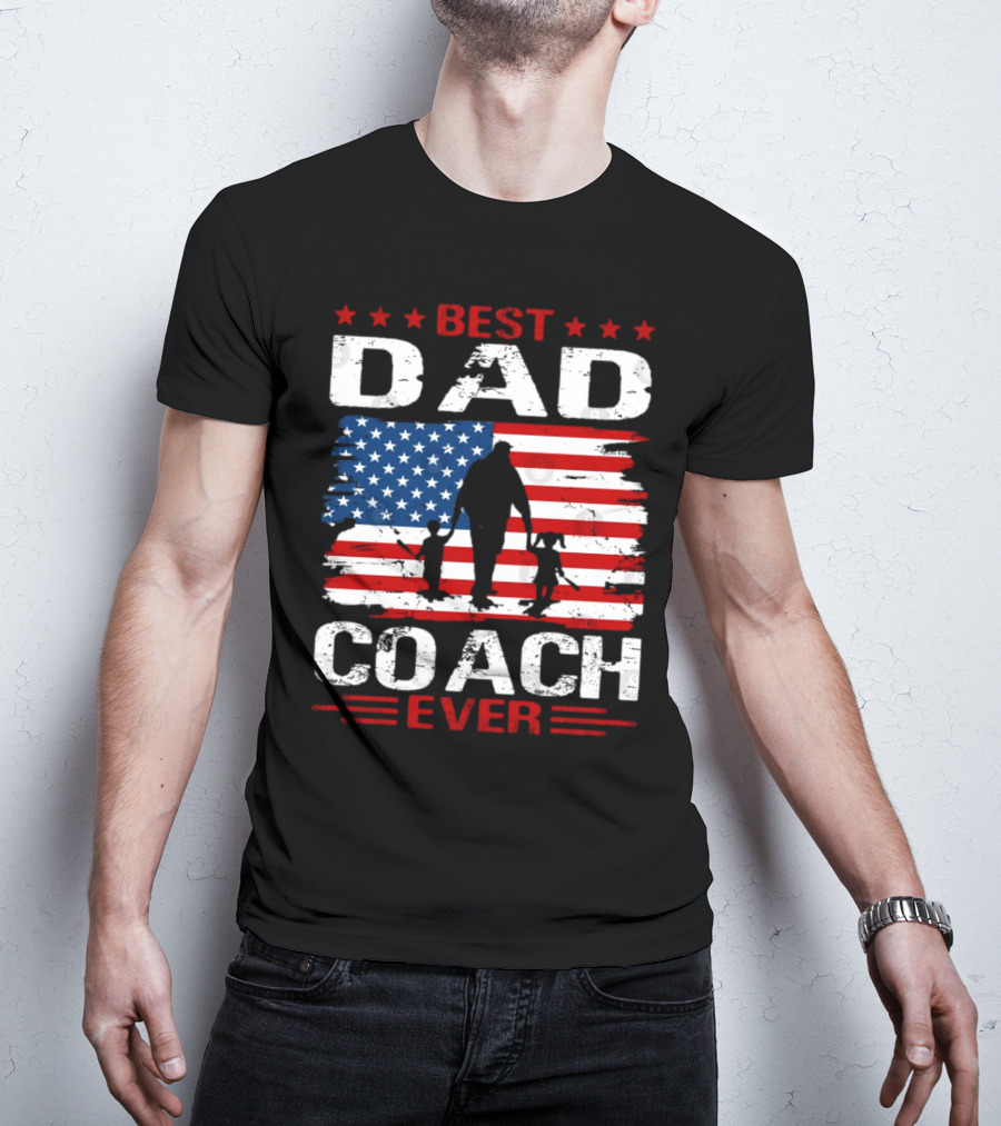 Best Dad Coach Ever USA Flag Baseball Dad Father's Day T-Shirt