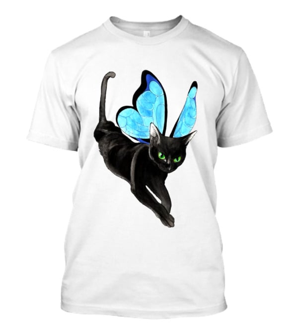 Black Cat With Blue Butterfly Wings T-Shirt