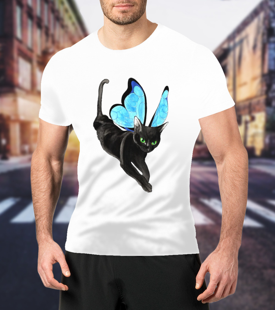 Black Cat With Blue Butterfly Wings T-Shirt