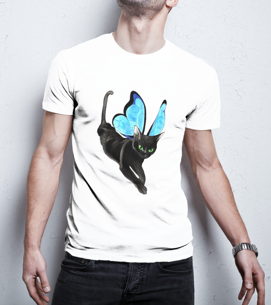 Black Cat With Blue Butterfly Wings T-Shirt