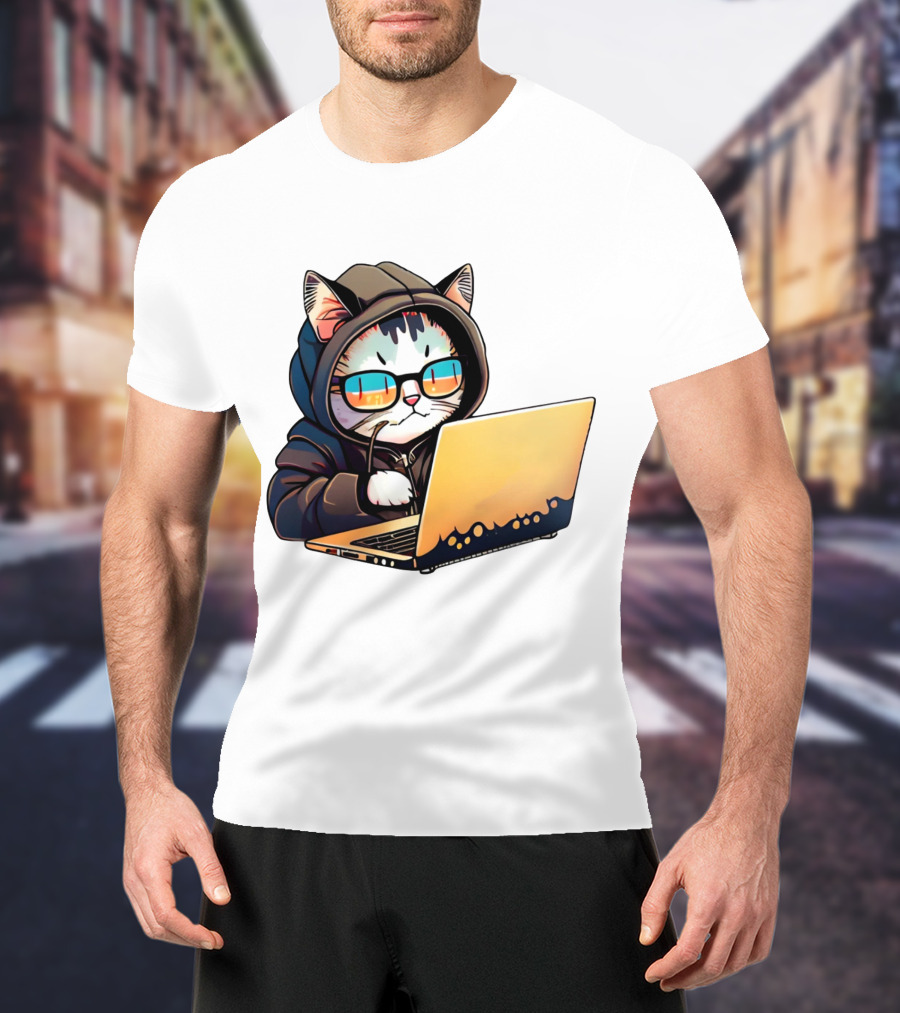Hacker Cat In Hoodie With Laptop And Glasses T-Shirt