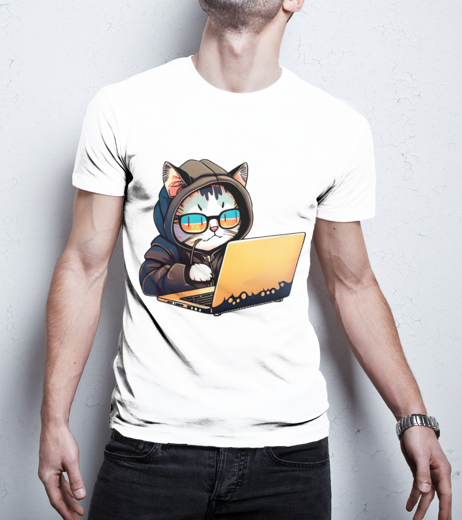 Hacker Cat In Hoodie With Laptop And Glasses T-Shirt